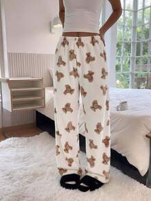 1pc Women's Autumn/Winter Teddy Bear Print Soft Comfortable Flannel Thermal Lined Pajama Pants - Apricot - View 4