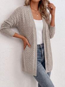 Plus Size Women's V-Neck Open Front Mid-Length Loose Knit Cardigan, Long Sleeve With Hollow-Out Jacquard Texture, Buttonless, Gray, Casual Minimalist Everyday Commute Autumn/Winter Outerwear For Dating - Khaki - View 2