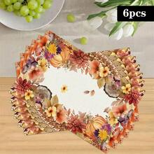 1/4/6pcs Autumn Series Autumn Floral Wreath Border Pumpkin Pattern Printed Placemats, Heat-Resistant Table Mats For Home Kitchen, Table Protection, Kitchen Dining Table, Party Scene Decoration - Multicolor - View 13