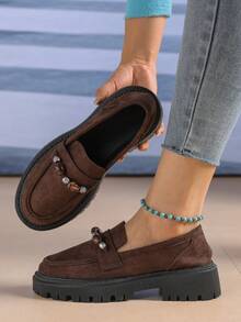 New Women's Vintage Beaded Suede Solid Color Loafers, Thick Platform Serrated Sole Slip-On Wedge Pumps, Fashionable Versatile - Brown - View 1