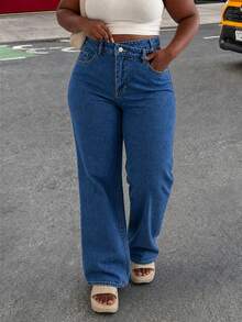 Plus Size Women's Casual Slanted Waist Loose Tapered Denim Jeans With Pockets - Dark Wash - View 6