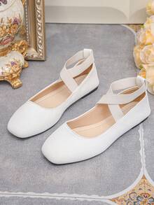 Spring/Autumn New Women's White Flat Shoes, Cross Elastic Band Square Toe Slip-On Soft Versatile Ballet Style Mary Jane Shoes - White - View 6