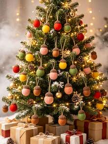 1 Set Christmas Felt Acorn Decorations, Felt Ball Pine Cone Pendants, Can Be Hung On Christmas Tree, Wreath, Wall And Window, Suitable For Christmas Party, Winter Holiday, Family Gathering And DIY Craft Projects - A - View 2