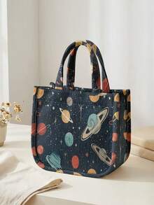 1pc Astronaut Print Corduroy Tote Bag, Snap Button Closure Cute Handbag, Reusable Lunch Tote Bag For Student School Daily Outdoor Shopping Use - Multicolor - View 14