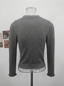Autumn New Korean Style Square Shoulder Polo Shirt Button Long Sleeve Minimalist Versatile Knit Top - Grey - View 7