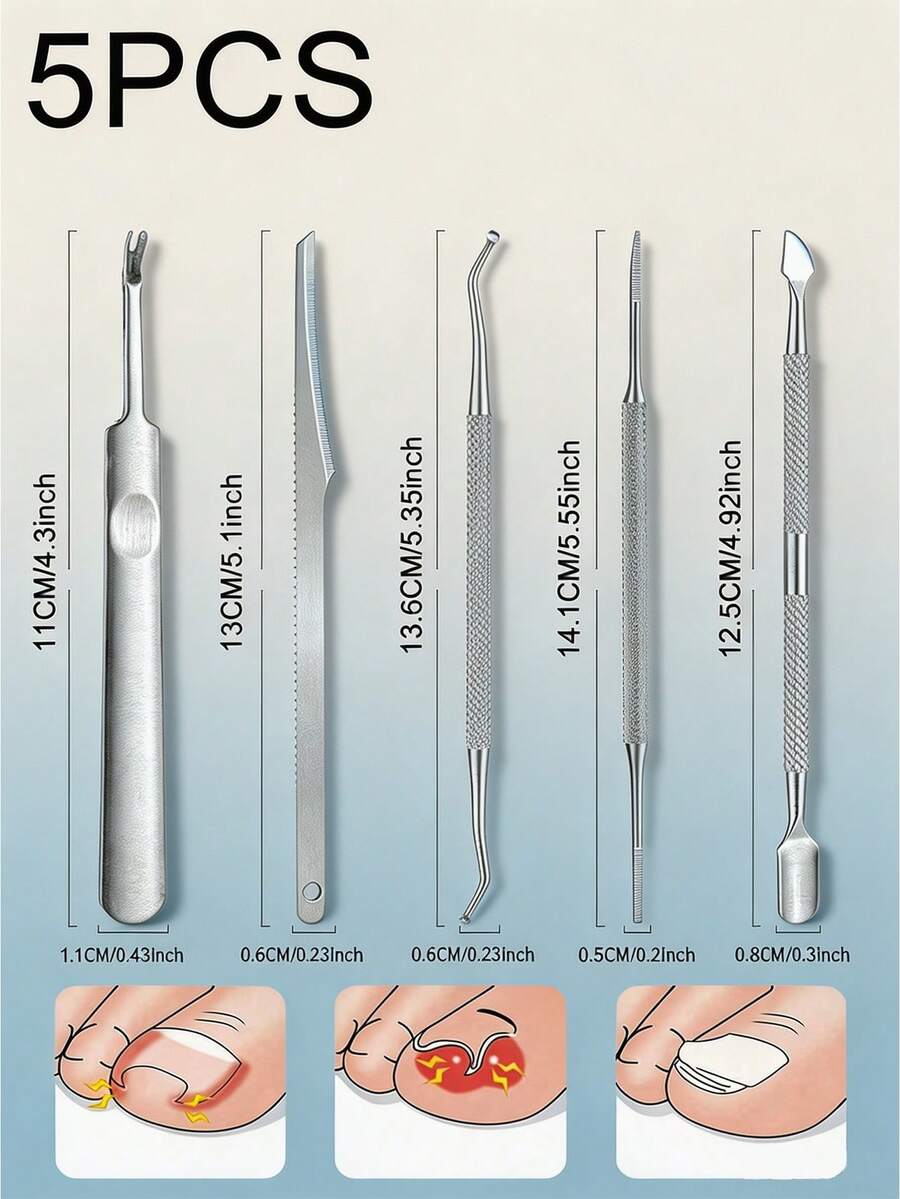 5pcs Stainless Steel Hand & Foot Care Tool Set - Double-Headed Callus Pusher, Toenail Clipper, Double-Headed Nail File, Nail Scraper, Double-Headed Nail Clipper, For Cleaning And Removing Hand & Foot Dead Skin, Ingrown Nails And Embedded Nails - 5-piece Set - View 1
