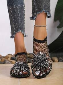 1 Pair Women's Rhinestone Mule Sandals, Round Toe, Open Toe, Breathable Mesh, Flat Slippers, Fashionable Versatile Glamorous Perforated Shoes - Black - View 3