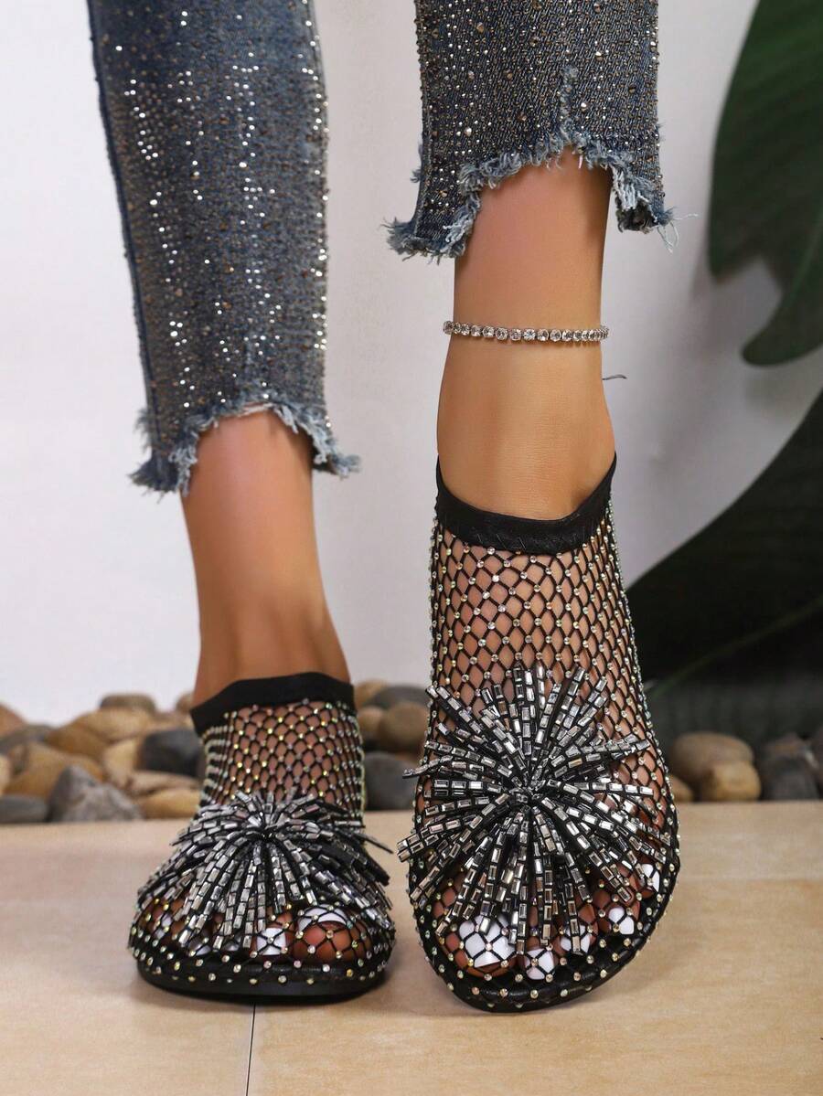 1 Pair Women's Rhinestone Mule Sandals, Round Toe, Open Toe, Breathable Mesh, Flat Slippers, Fashionable Versatile Glamorous Perforated Shoes