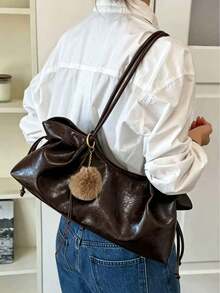 Vintage Drawstring Underarm Shoulder Tote Bag, Paired With Atmospheric Hanging Decorations, Suitable For Daily Commuting, Shopping, Dating, And Travel - Coffee - View 5