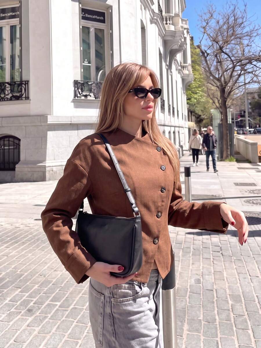 Women's Brown Asymmetric Diagonal Button Long Sleeve Shirt, Diagonal Collar Cuffed Sleeve Casual Commute Crop Top