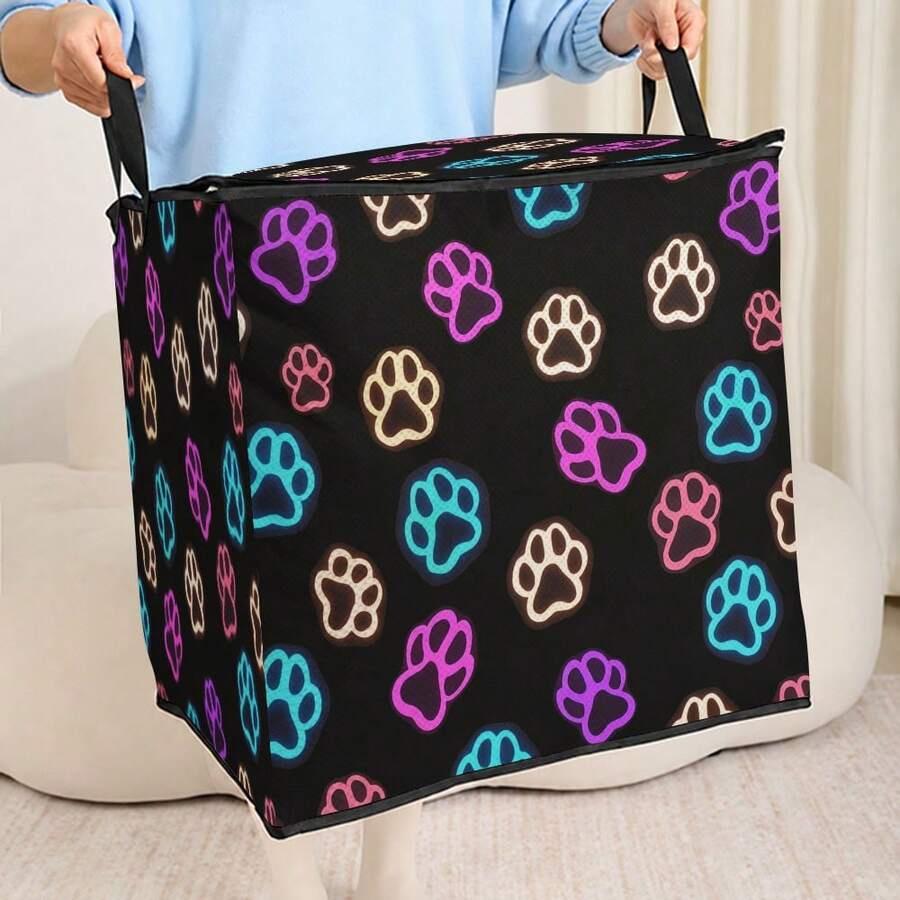 1pc Clothing Storage Box, Glowing Footprint Print Storage Bag, Large Capacity Foldable Storage Bag, Suitable For Blankets, Bedding And Clothes, Durable Non-Woven Fabric Material, Strong Zipper, Perfect Holiday Home Gift - Multicolor - View 1