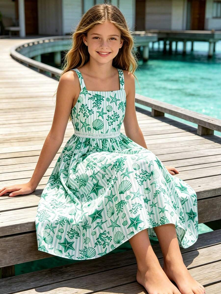 Lurzo Sweet Summer Vacation Style Girls' Cami Dress, Floral Print With Ocean Elements, Lace Decor, Soft And Comfortable - Green - View 1