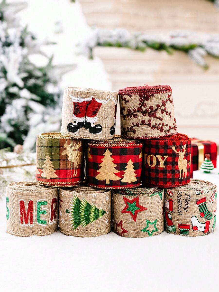 1 Roll Classic Christmas Linen Ribbon Set, 5 Meters Per Roll, Colorful Printed Christmas & Thanksgiving Decorative Ribbon, Suitable For Gift Wrapping, DIY Bows, Office Decor, Theme Party Decoration, Christmas Decoration - Multicolor - View 1