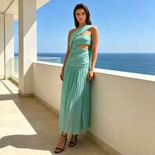Women's Solid Color Strapless Tie-Up Ruched Flowy Sleeve Fitted Maxi Dress, Suitable For Parties And Formal Evening Events - Cadet Blue - View 1