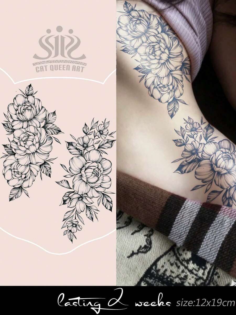 Herbal Juice Semi-Permanent Tattoo Sticker, Floral Pattern 14-Day No-Fade DIY Shoulder Neck Collarbone Wrist Ankle Holiday Party Gift Body Tattoo Sticker 1pc/Pack - Blue - View 1