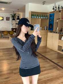 女款新款長袖條紋T恤底層衣，修身獨特百搭上衣 - 灰藍條紋 - 查看 5