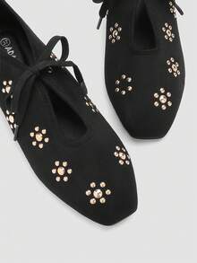 ADAMUMU Gold Rivet Floral Decor V-Cut Lace-Up Flats, Soft Sole Square-Round Toe, Niche Design Sweet Cool Commute - Black - View 7