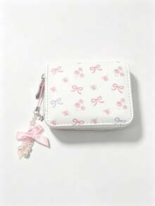 Dompet Kartu/Koin Pendek Motif Polkadot dengan Pita untuk Wanita, Dompet Kecil Portabel Gaya Feminin yang Lucu untuk Pelajar - Putih - View 12