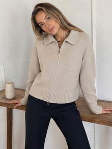 Wixra Women Stand Collar Full Zip‑Up Knit Jacket Drop Shoulder Long Sleeve Loose Short Knit Cardigan - Apricot - View 4