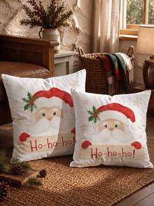 1pc Christmas Minimalist Cute Santa Claus Pattern Waffle Fabric Cushion Cover, Single-Sided Printed Soft Waffle Polyester Material, Waffle Pillowcase Suitable For Room Decor, Modern Minimalist Sofa Living Room Decoration, Gift Giving, Party Decoration - Multicolor - View 5