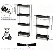 4-Tier Mobile Storage Rack With Wheels And Hooks, Narrow Gap Storage, Kitchen Storage Rack, Space-Saving, Suitable For Kitchen, Living Room, Bedroom And Office - White - View 2