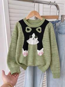 Girls' Cute Cat Pattern Round Neck Long Sleeve Knit Pullover Sweater, Suitable For Daily Casual Wear, Vacation, Spring, Autumn, Winter - Green - View 3