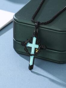 ZHIXUN 1pc Thorn Wrapped Cross Faux Turquoise Necklace Black Hollow Out Personalized Punk, Suitable For Men's Party Daily Music Festival Wear - Black - View 3