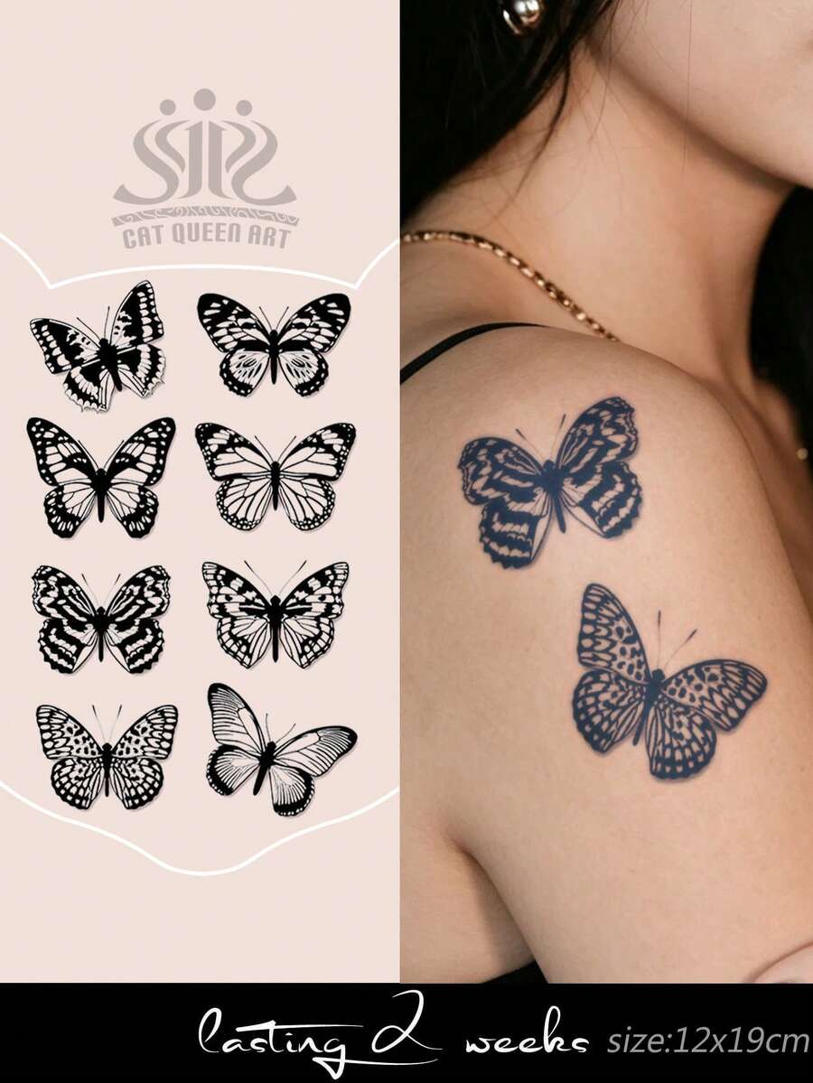 Herbal Juice Semi-Permanent Tattoo Stickers, 8 Butterfly Designs, 14 Days Fade-Resistant Shoulder Neck Collarbone Wrist Ankle DIY Festival Party Gift Body Tattoo Sticker 1pc/Pack - Blue - View 1