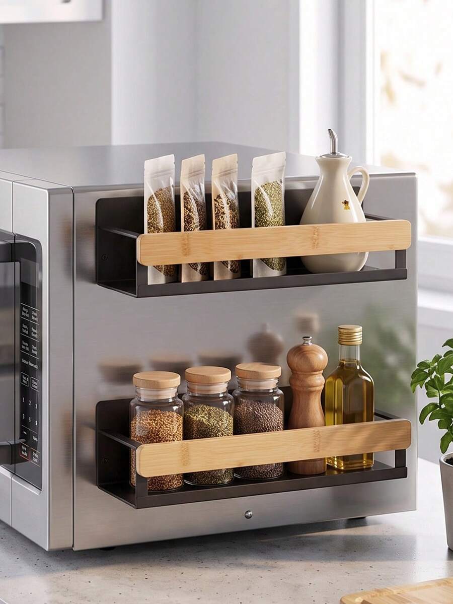 Magnetic Fridge Storage Organizer Shelves,Magnetic Spice Rack Wall Mount,Bamboo Guard Metal Refrigerator Side Shelf For Kitchen Seasoning Bottle Storage Magnetic Spice Rack,Fridge Magnetic Organizer,Refrigerator Side Shelf - Multicolor - View 1