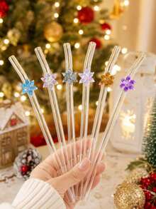 3PCS Bent Glass Straw With Shiny Snowflake Ornament, Reusable For Hot Cold Beverages Milk Tea Juice Coffee, For Party Wedding Kitchen Office, Gift For Friends Lovers, Christmas Halloween Thanksgiving Back‑To‑School - Clear - View 5