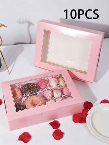 10入/1入 麵包盒 12 X 8 X 2.5 英吋（約 30.5 X 20.3 X 6.4 公分）大號白色餅乾盒 自動彈開式透明窗糖果盒 適用於派、馬芬、甜甜圈與糕點 派對、節日、婚禮、生日 - 粉紅色 - 查看 12
