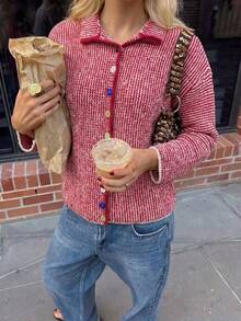 女款針織開襟外套，時尚紅色長袖前開襟毛衣，彩色前扣設計毛衣，女款秋冬毛衣 - 紅色 - 查看 2