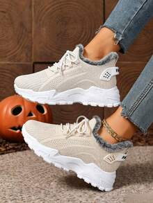 FZY Women's Plush-Lined Knit Platform Sneakers, Warm Winter Lace-Up Platform Shoes, Comfortable Non-Slip Casual Outdoor Daily Shoes, Perfect For Halloween - Apricot - View 6