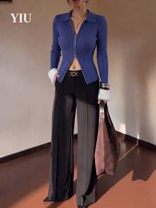 YIU Sweater Pendek Rajut Bergaris Ritsleting Penuh untuk Wanita, Kardigan Rajut Lengan Panjang dengan Kerah Lipat, Cocok untuk Musim Gugur/Musim Dingin, Model Pullover Sedikit Elastis - Navy Blue - View 2