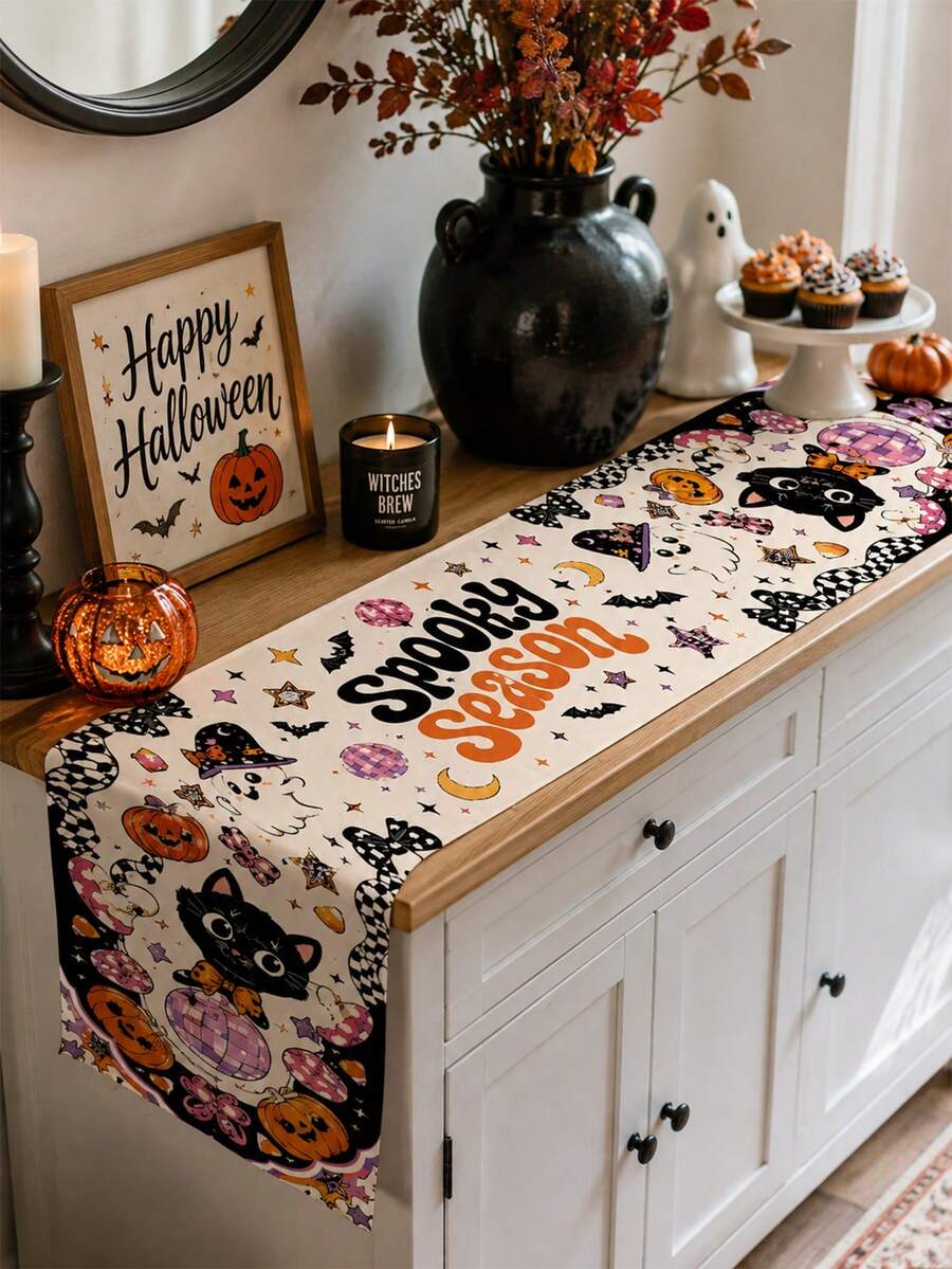 1pc Macaron Color Halloween Table Runner, Pink Orange Black Linen Long Dining Table Decor, Printed With Spooky Season Text, Cute Ghost Pumpkin Cat Pattern, Sweet Farmhouse Style Party Table Runner, Suitable For Dining Room, Pink Kitchen Decor, Halloween Kitchen Decor - Multicolor - View 1