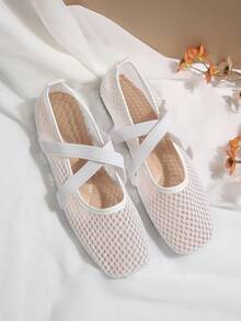 Women's White Square Toe Hollow Mesh Mary Jane Shoes, Low Vamp Breathable Cross Strap Gentle Style Flat Ballet Shoes - White - View 5