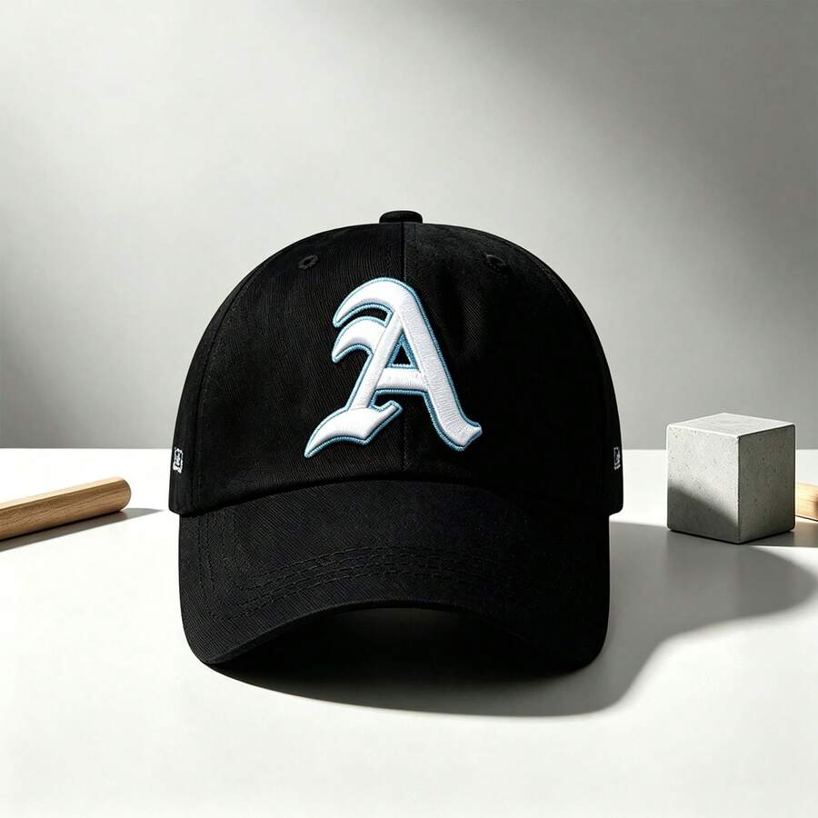 1pc Unisex Curved Brim Baseball Cap, Front A‑Letter Embroidery, Side Cartoon Whale Oh‑Whale Print, Adjustable Strap, For Street, Travel Daily Wear