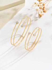 1 Set 2pcs Minimalist Versatile Creative Line Micro-Inlaid Rhinestone Twisted Shape Bracelet Armlet Jewelry Set Suitable For Women's Daily, Vacation, Banquet Wear - Gold - View 3