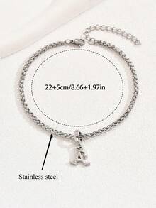 1 pieza Conjunto de tobillera de acero inoxidable con 26 letras inglesas y strass de moda para mujer, adecuado para fiestas y regalos - Plateado - Ver 2