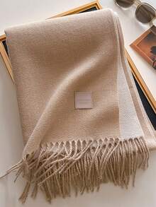 1pc Solid Color Faux Leather Label Tasseled Thick Scarf 65*190cm, Polyester Wool Blend, Fall Winter Shawl For Travel Party Outing, Wear As Scarf Shawl - Multicolor - View 9