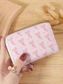 Women's Bow Print Double Zipper Zip Wrap Credit Card Storage Bag With Large Capacity And Multiple Card Slots, Suitable For Outdoor Use - Pink - View 10