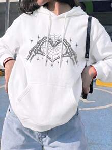 Women's Halloween Skeleton Heart Sweatshirt, Loose Long Sleeve Jacket, Suitable For Casual And Commute Wear - White - View 1