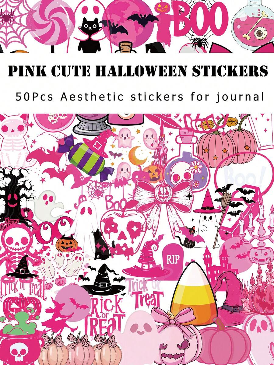 Kids 50Pcs Pink Cute Halloween Stickers DIY Scrapbooking Laptop Water Bottle Decorative Decals - Multicolor - View 1