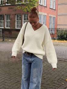 Women's Ribbed Knit V-Neck Long Sleeve Regular Fit Sweater, Autumn/Winter Fashion Top - Apricot - View 1