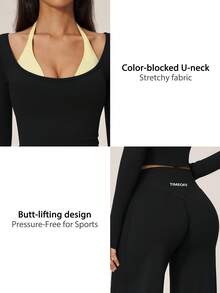 TimeOff Women's One Set Autumn/Winter Colorblock 2 In 1 Cropped Long Sleeve Solid Wide Leg Pants - Black - View 4