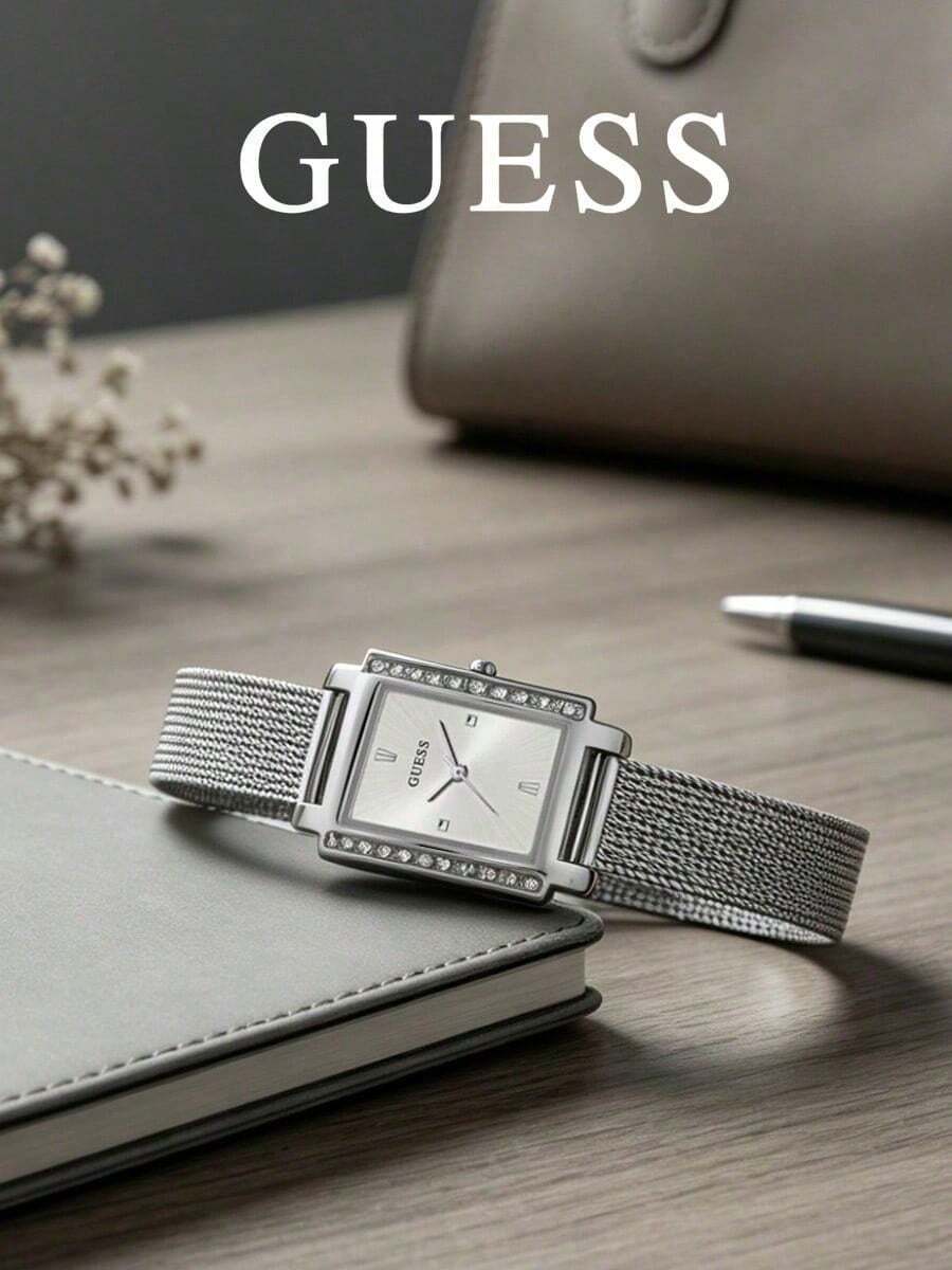 Guess Women's Silver‑Tone Rectangular Quartz Watch Fine Mesh‑Metal Strap Vertical Crystal‑Set Case Sides Sun‑Brushed Silver Dial Slim Everyday Dress Watch - Silver - View 1
