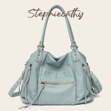 STEPHIECATHY Street Style Women's Brushed Color Washed PU Faux Leather Crossbody Shoulder Tote Bag, Large Multi-Pocket Practical Casual Handbag For Daily Commute, Travel And Campus - Dusty Blue - View 9