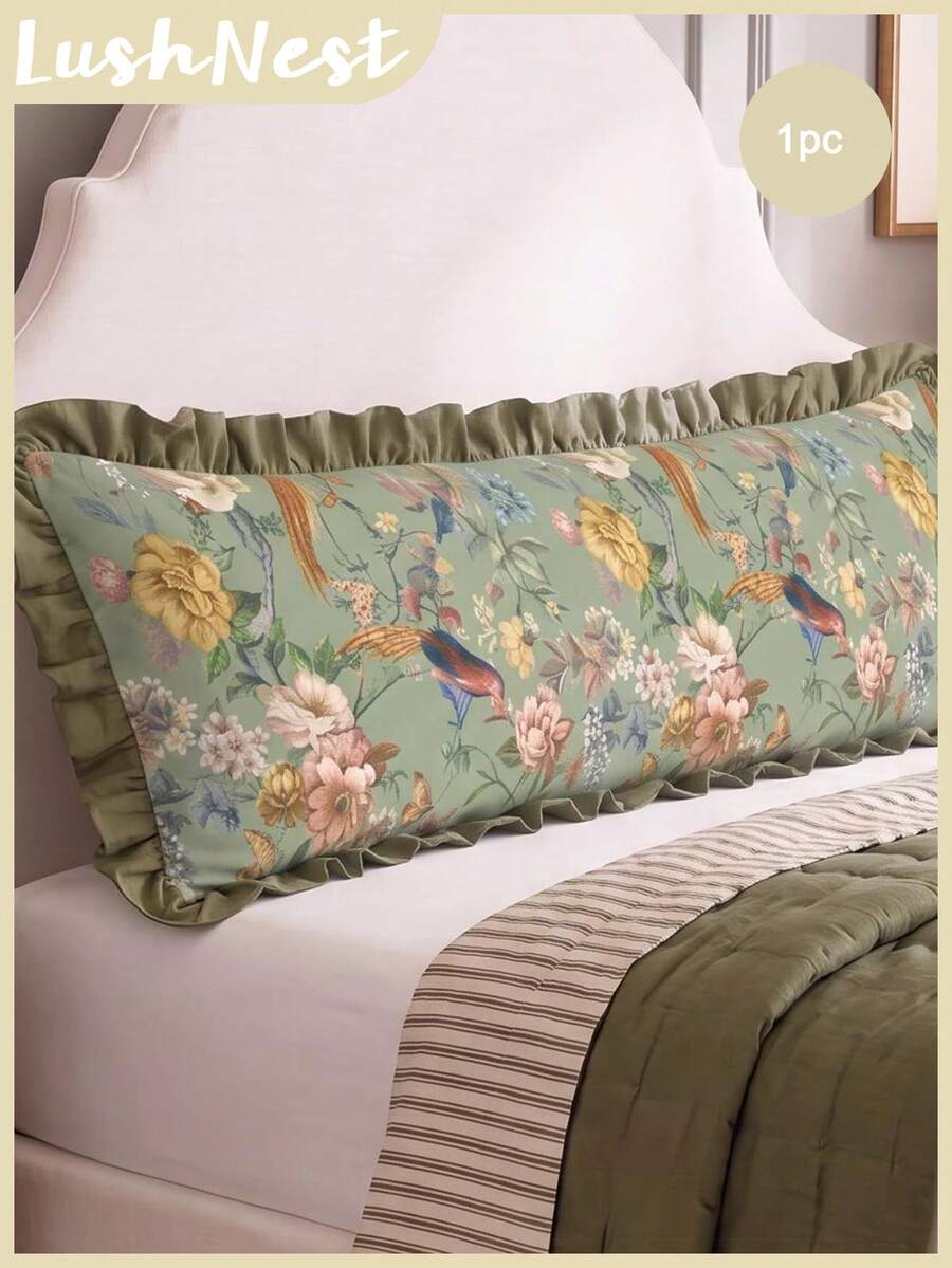 1pc Green Watercolor Leaf And Bird Pattern Long Pillowcase Is Simple In Design And Versatile In Function. It Is Made Of Modern Minimalist Polyester Fabric, Which Is Soft And Comfortable. It Is Suitable For Use In The Master Bedroom, Secondary Bedroom - Multicolor - View 1