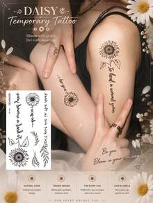 Sunflower & Botanical Quote Temporary Tattoos For Women, Black Floral Fine Line Tattoo Stickers, Waterproof Long-Lasting Body Art For Arms, Wrists, Shoulders, Festivals, Vacations & Everyday Style - Multicolor - View 7