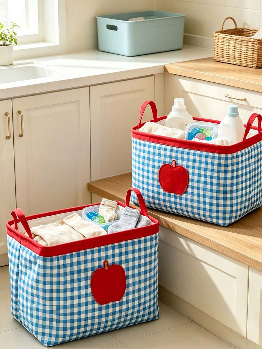 1pc Blue Gingham Apple Laundry Hamper, Country Style Round Rectangular Storage Bin With Red Handles, Large Capacity For Garment Arrangement, Suitable For Bedroom, Laundry Room, Home Daily Use